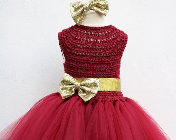 Burgundy Flower girl dress, Christmas tutu dress, bordo tutu dress, bridesmaid dress, princess dress, crochet top tulle dress, crimson dress