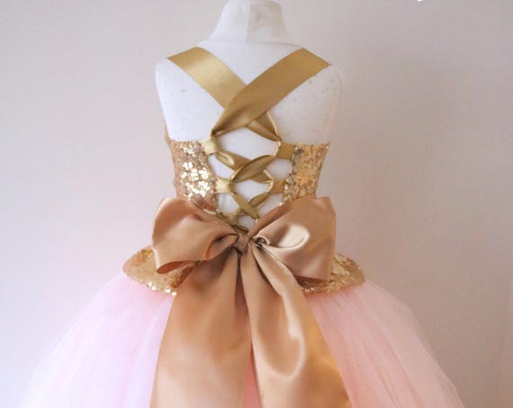 Gold Blush Flower Girl Dress, gold bridesmaid dress, couture flower girl gown, bespoke girls dress, tulle princess dress, gold blush tutu