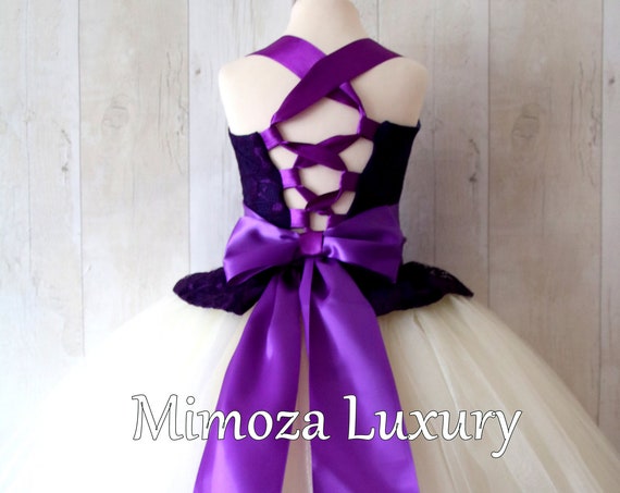 Purple Ivory Flower Girl Dress, Purple bridesmaid dress, couture flower girl gown, bespoke girls dress, tulle princess dress, Purple gown
