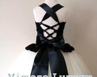 Black & Ivory Flower Girl Dress, black lace bridesmaid dress, couture flower girl gown, bespoke girls dress, Black tulle princess dress