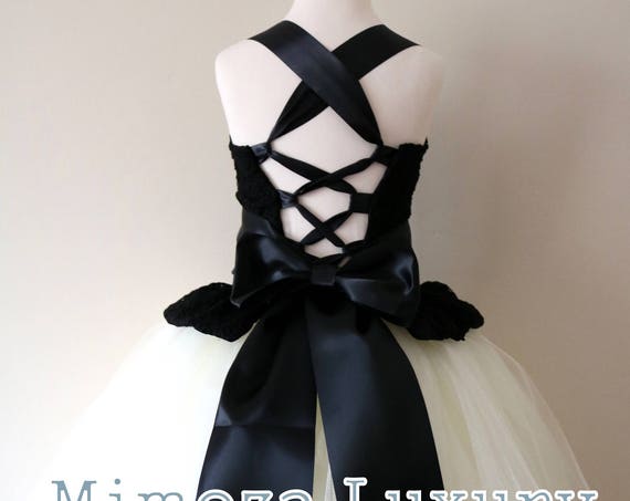 Black & Ivory Flower Girl Dress, black lace bridesmaid dress, couture flower girl gown, bespoke girls dress, Black tulle princess dress