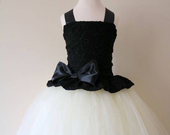 Black & Ivory Flower Girl Dress, Black bridesmaid dress, couture flower girl gown, bespoke girls dress, tulle princess dress, Black tutu