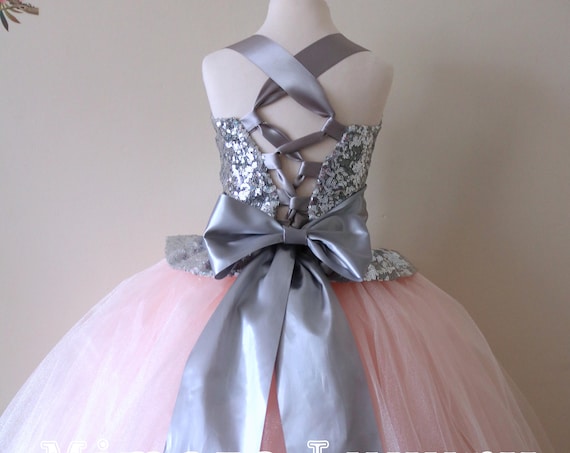 Blush & Silver Flower Girl Dress, blush bridesmaid dress, couture flower girl gown, bespoke girls dress, tulle princess dress, silver sequin