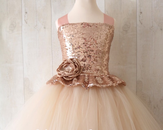 Champagne Flower Girl Dress, rose gold bridesmaid dress, couture flower girl gown, bespoke girls dress, tulle princess dress, rose gold tutu