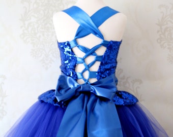 Luxury Royal Blue Flower Girl Dress, blue bridesmaid dress, couture royal blue flower girl gown, bespoke girls dress, tulle princess dress