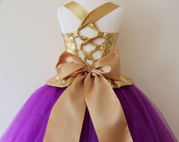 Gold Purple Flower Girl Dress, gold bridesmaid dress, couture flower girl gown, bespoke girls dress, tulle princess dress, gold purple tutu