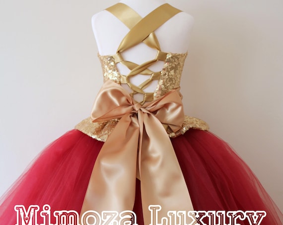 Gold Burgundy Flower Girl Dress, gold bridesmaid dress, couture flower girl gown, bespoke girls dress, tulle princess dress, gold wine tutu