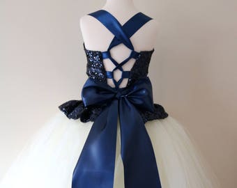 Navy Ivory Flower Girl Dress, Navy bridesmaid dress, couture flower girl gown, bespoke girls dress, Navy Ivory tulle princess dress