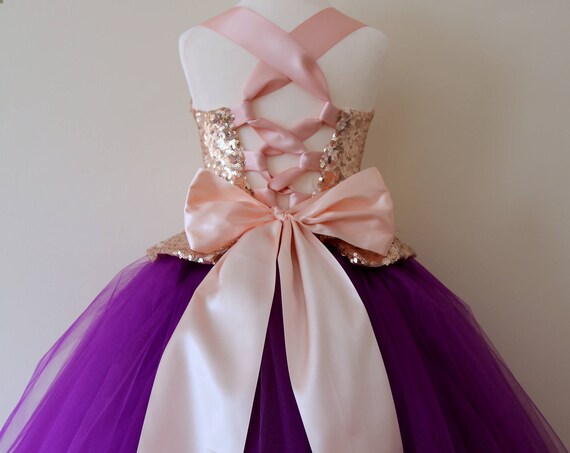 Rose Gold & Purple Flower Girl Dress, bridesmaid dress, couture flower girl gown, bespoke girls dress, tulle princess dress, gold purple