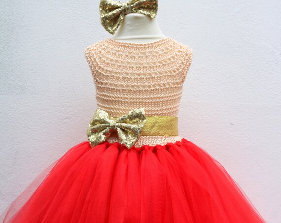 Red & Gold Flower girl dress, Christmas tutu dress, red gold tutu dress, red gold bridesmaid dress, gold princess dress