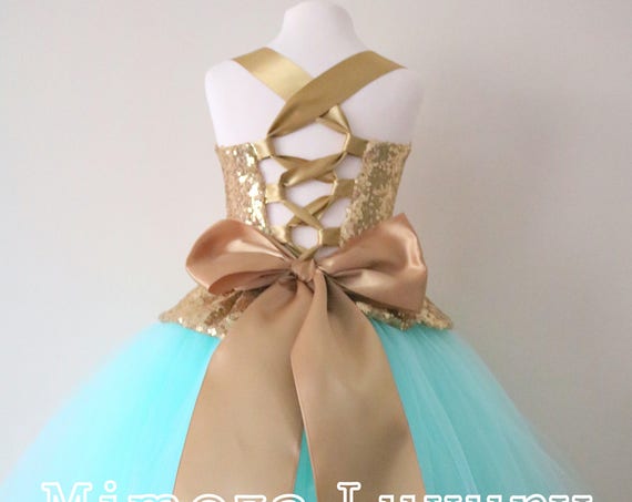 Mint & Gold Flower Girl Dress, mint bridesmaid dress, couture flower girl gown, bespoke girls dress, tulle princess dress, Gold sequin dress