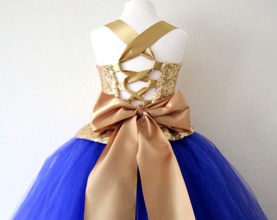 Gold & Royal Blue Flower Girl Dress, Gold bridesmaid dress, Gold couture flower girl gown, bespoke girls dress, Gold tulle princess dress