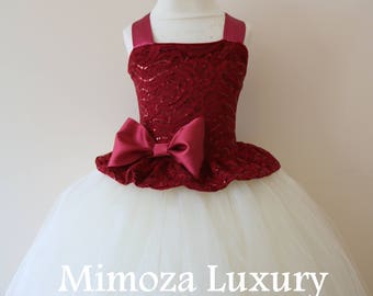 Burgundy Flower Girl Dress, burgundy bridesmaid dress, couture flower girl gown, bespoke girls dress, tulle princess dress, ivory tutu