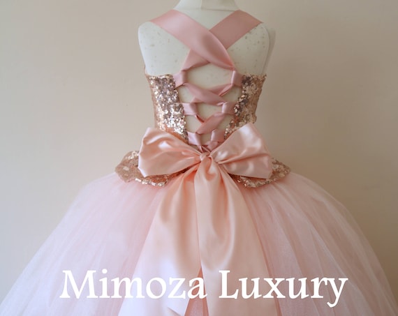 Rose Gold Flower Girl Dress, blush bridesmaid dress, couture flower girl gown, bespoke girls dress, tulle princess dress, rose gold tutu
