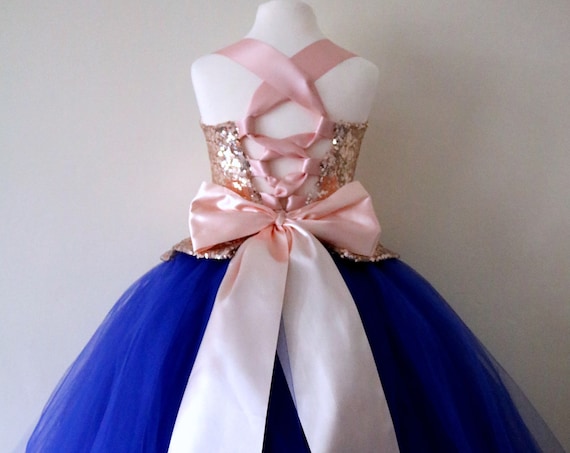 Rose Gold & Royal Blue Flower Girl Dress, Rose Gold bridesmaid dress, couture flower girl gown, bespoke girls dress, tulle princess dress