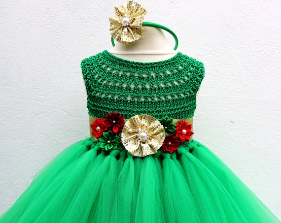 Christmas tutu dress, Christmas eve dress, Christmas green elf tutu dress, red green gold princess dress, emerald crochet top tulle dress