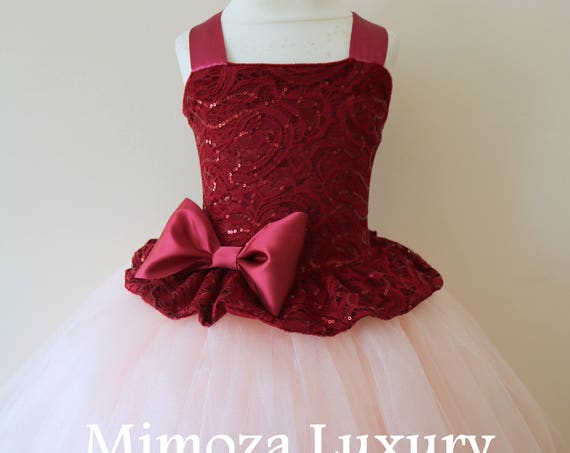 Burgundy Flower Girl Dress, burgundy bridesmaid dress, couture flower girl gown, bespoke girls dress, tulle princess dress, blush tutu