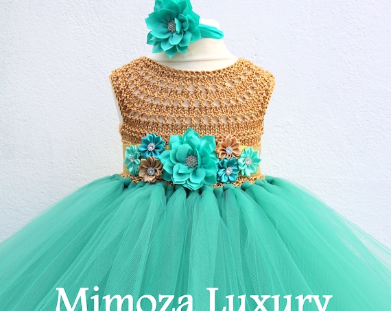 Teal green & Gold Flower girl dress, teal green tutu dress, bridesmaid dress, princess dress, silver crochet top teal green tulle dress