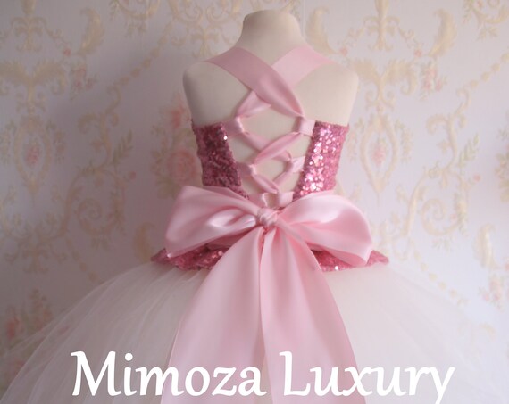 Pink sequin White tulle Flower Girl Dress, pink bridesmaid dress, couture flower girl gown, bespoke girls dress, pink tulle princess dress