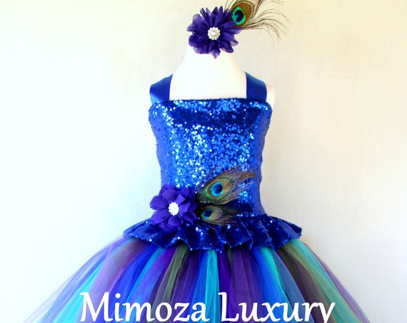 Peacock Girl Dress, royal blue sequin peacock dress, pageant peacock dress