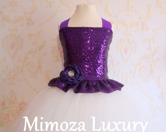 Purple Ivory Flower Girl Dress, Purple bridesmaid dress, couture flower girl gown, bespoke girls dress, tulle princess dress, Purple gown