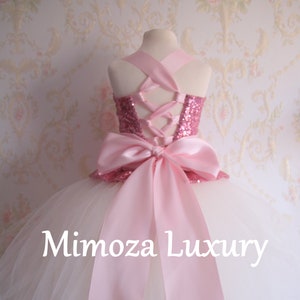 Pink sequin White tulle Flower Girl Dress, pink bridesmaid dress, couture flower girl gown, bespoke girls dress, pink tulle princess dress