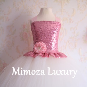 Pink sequin White tulle Flower Girl Dress, pink bridesmaid dress, couture flower girl gown, bespoke girls dress, pink tulle princess dress