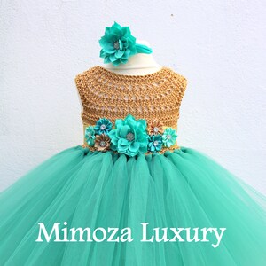 Teal green & Gold Flower girl dress, teal green tutu dress, bridesmaid dress, princess dress, silver crochet top teal green tulle dress