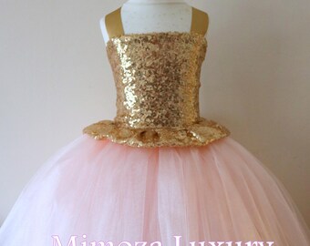 Gold Blush Flower Girl Dress, gold bridesmaid dress, couture flower girl gown, bespoke girls dress, tulle princess dress, gold blush tutu