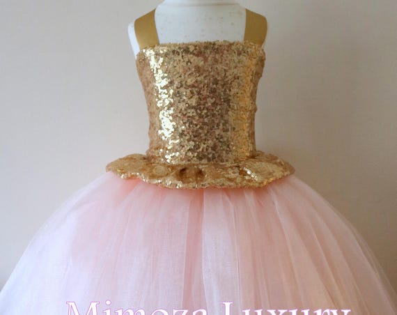 Gold Blush Flower Girl Dress, gold bridesmaid dress, couture flower girl gown, bespoke girls dress, tulle princess dress, gold blush tutu