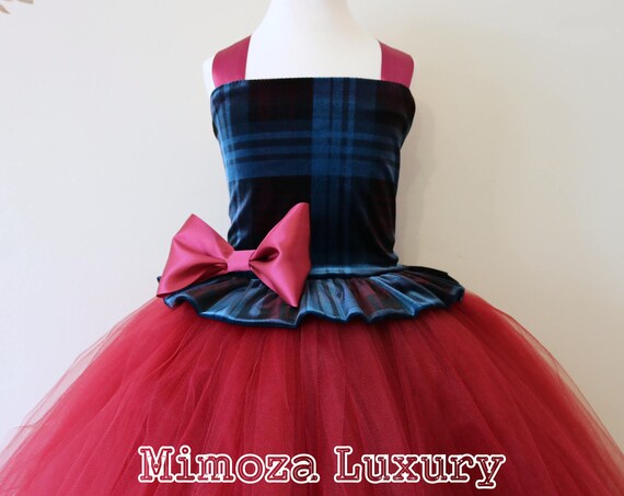 Tartan velvet Burgundy Flower Girl Dress, burgundy bridesmaid dress, tartan flower girl gown, bespoke girls dress, tulle princess dress