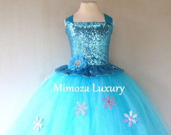 Vestido de lujo de Elsa, vestido de lentejuelas de cumpleaños azul congelado