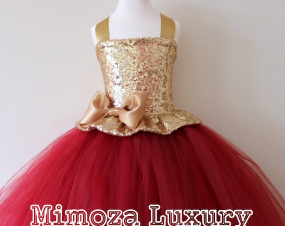 Gold Burgundy Flower Girl Dress, gold bridesmaid dress, couture flower girl gown, bespoke girls dress, tulle princess dress, gold wine tutu