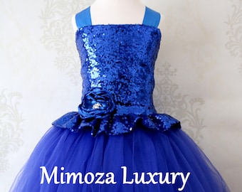 Royal Blue Sequin Flower Girl Dress, blue sequin bridesmaid dress,  royal blue flower girl gown, bespoke girls dress, tulle princess dress