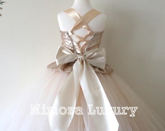 Champagne Sequin bloemenmeisje jurk, Champagne bruidsmeisje jurk, Champagne bruiloft meisjes jurk, Champagne meisje Sequin Tulle verjaardag jurk