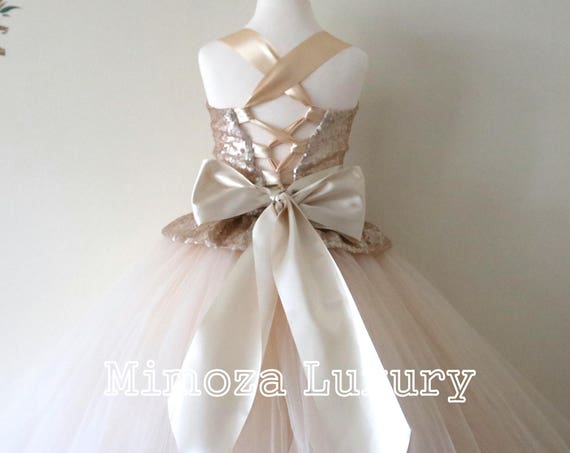 Champagne Sequin Flower Girl Dress, champagne bridesmaid dress, champagne wedding girls dress, champagne girl sequin tulle birthday dress