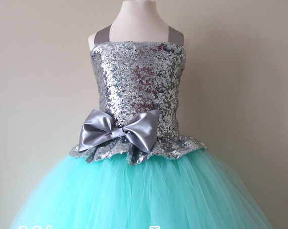 Mint & Silver Sequin Flower Girl Dress, mint green bridesmaid dress, flower girl gown, bespoke girls dress, tulle princess dress, mint dress