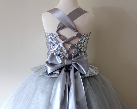 Silver Flower Girl Dress, silver bridesmaid dress, couture flower girl gown, bespoke girls dress, tulle princess dress, silver sequin gown