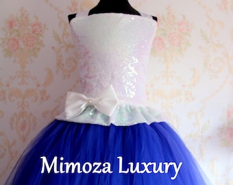White & Royal Blue flower girl dress, white sequin bridesmaid dress