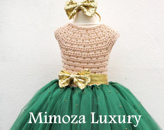 Bottle Green & Gold Christmas dress, dark green gold tutu dress, bottle green and gold bridesmaid dress, hunter green gold princess dress