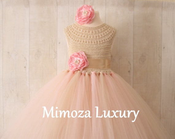 Blush & Champagne vintage Flower girl tulle dress, ruffle dress for girls