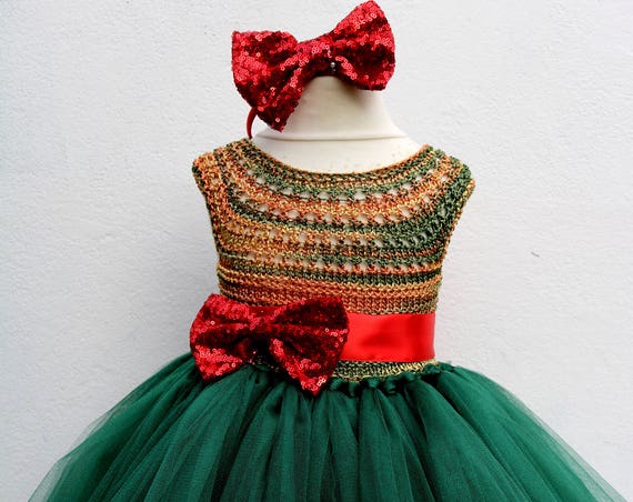 Christmas tutu dress, Christmas eve dress, Christmas green elf tutu dress, red green princess dress, emerald crochet top tulle dress
