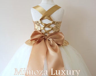 Gold Ivory Flower Girl Dress, gold bridesmaid dress, couture flower girl gown, bespoke girls dress, tulle princess dress, gold Ivory tutu