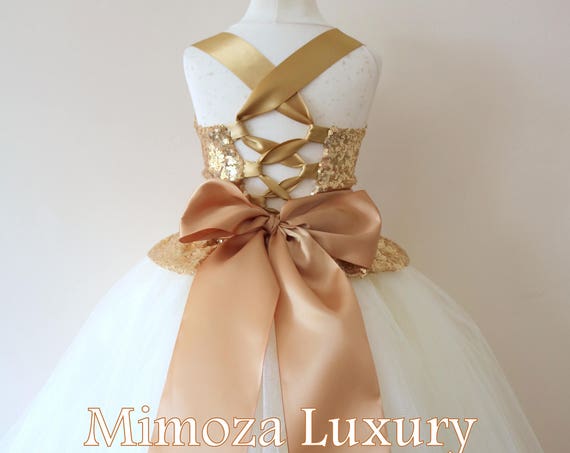 Gold Ivory Flower Girl Dress, gold bridesmaid dress, couture flower girl gown, bespoke girls dress, tulle princess dress, gold Ivory tutu