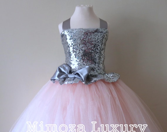 Blush & Silver Sequin Flower Girl Dress, blush bridesmaid dress, flower girl gown, bespoke girls dress, tulle princess dress, blush dress