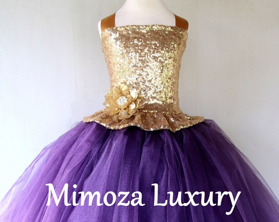 Gold Aubergine Flower girl dress, luxury gold sequins aubergine tulle dress