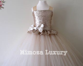 Champagne Flower girl Dress, champagne tule jurk, champagne bruidsmeisje jurk
