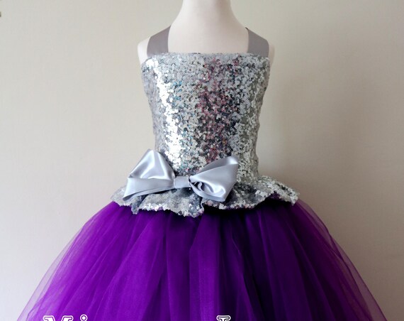 Silver Sequins purple tulle flowergirl Dress, Purple bridesmaid dress