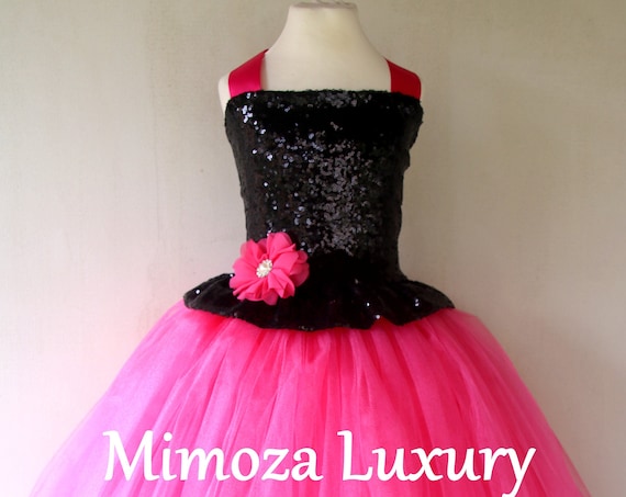 Hot pink & Black sequins Girls Dress, hot pink princess dress