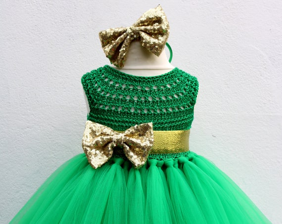 Christmas tutu dress, Christmas eve dress, Christmas green elf tutu dress, red green gold princess dress, emerald crochet top tulle dress
